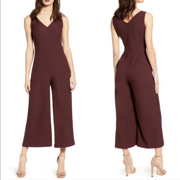 Leith Pants - Leith Burgundy V-Neck Wide Leg Crop Jumpsuit